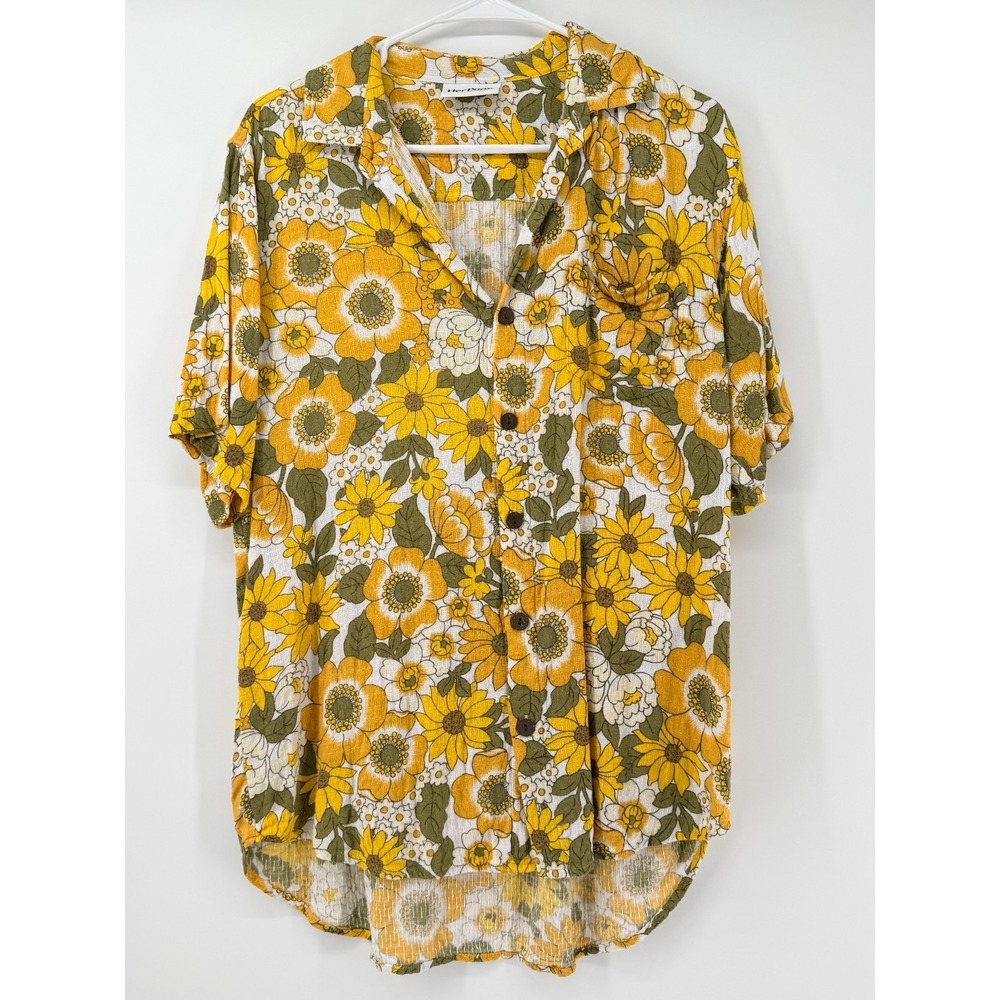 Her Pony Womens Floral Button Up Blouse XL Yellow Green Retro Boho Rayon Shirt